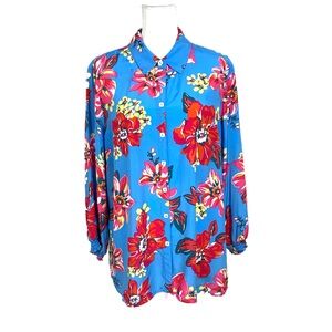 John Mark Women XL Button Up Tunic Blouse Colorful Floral Tropical Puff Sleeve